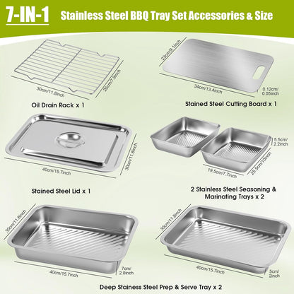 7-IN-1 Grill Prep Tray & Carry System – Large Stainless Steel Meat Marinating Container with Lid, Cutting Board, Grill Accessories, Outdoor Grilling Prep & Serve Set, BBQ Gifts for Father's Day Men