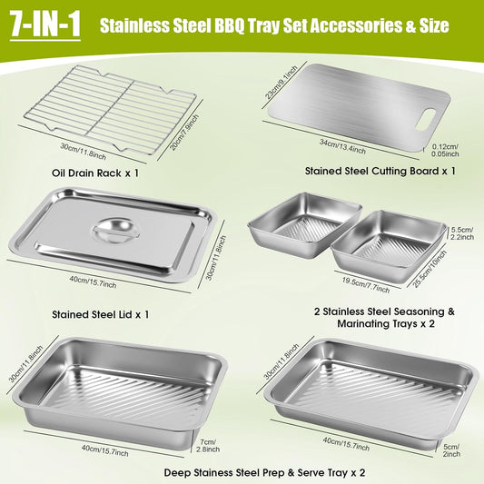7-IN-1 Grill Prep Tray & Carry System – Large Stainless Steel Meat Marinating Container with Lid, Cutting Board, Grill Accessories, Outdoor Grilling Prep & Serve Set, BBQ Gifts for Father's Day Men