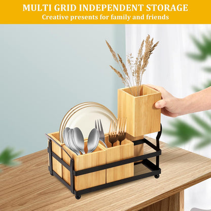 4 Compartment Silverware Caddy - Wood Silverware Holder with Double Handle, Bamboo Removable Slot Utensil Caddy, Rustic Farmhouse Flatware Holder for Paper Plates, Spoons, Forks, Napkins, Cutlery
