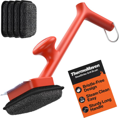 ThermoMaven Bristle-Free BBQ Grill Brush - No Wire Risk Steam Cleaner Removes Burnt Grease Fast - 17" Cool-Touch Handle, Scraper & 3 Replaceable Heads for Gas, Charcoal & Cast Iron