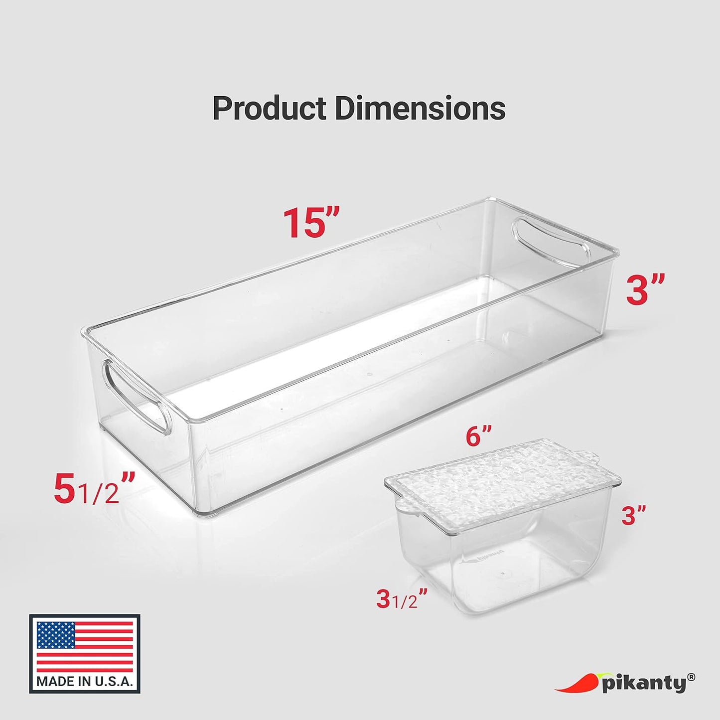 Pikanty Clear Refrigerator Organizer Bin with Handles — 15 Inch Stackable Fridge and Pantry Storage Container for Snacks, Produce, Cans, Yogurt, Condiments, Dishwasher and Freezer Safe, Made in USA