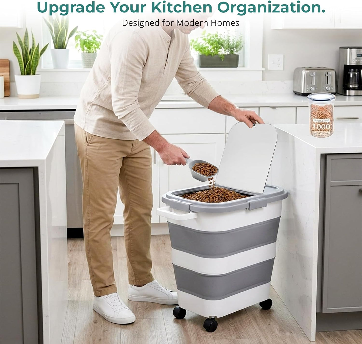 Home & Hearthly Collapsible Rice Storage Container 25–35 lbs, Airtight, Space-Saving Food Storage Bin with Wheels and Measuring Cup, Easy-Pour Grain Dispenser for Rice, Flour and Pet Food