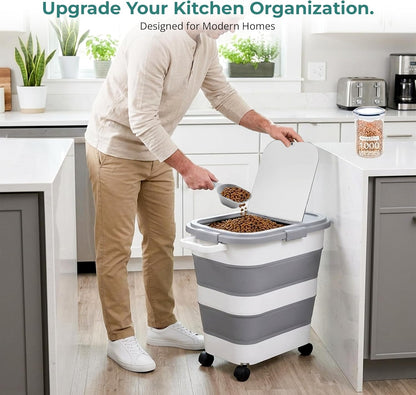 Home & Hearthly Collapsible Rice Storage Container 25–35 lbs, Airtight, Space-Saving Food Storage Bin with Wheels and Measuring Cup, Easy-Pour Grain Dispenser for Rice, Flour and Pet Food