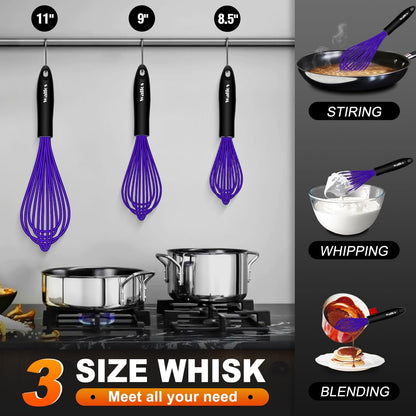 Walfos Silicone Whisk,Stainless Steel Wire Whisk -Heat Resistant 480°F Kitchen Whisks for Non-stick Cookware,Balloon Egg Beater Perfect for Blending,Whisking,Beating,Frothing & Stirring,Black