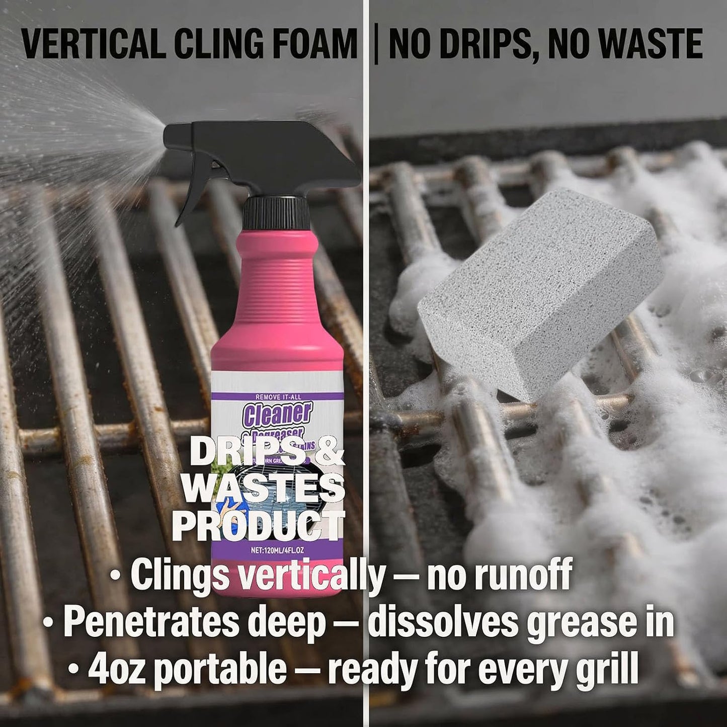 Fast-Acting Heavy-Duty Grill Degreaser Spray, BBQ Cleaner for Gas, Charcoal & Smoker Grates, Leak-Proof 4 Fl Oz Travel Size (3pc)