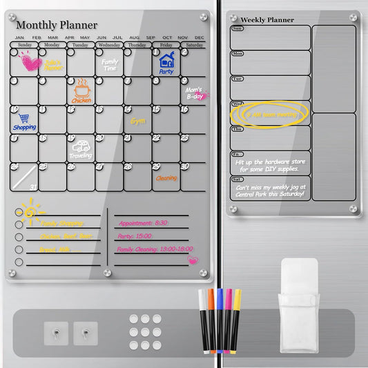 IDEATECH Acrylic Magnetic Fridge Calendar Magnet Strong, Clear Dry Erase Board Calendar for Refrigerator, Vertical 2in1 Monthly Planner & to Do List for Fridge, Whiteboard Organizer House Decor,White