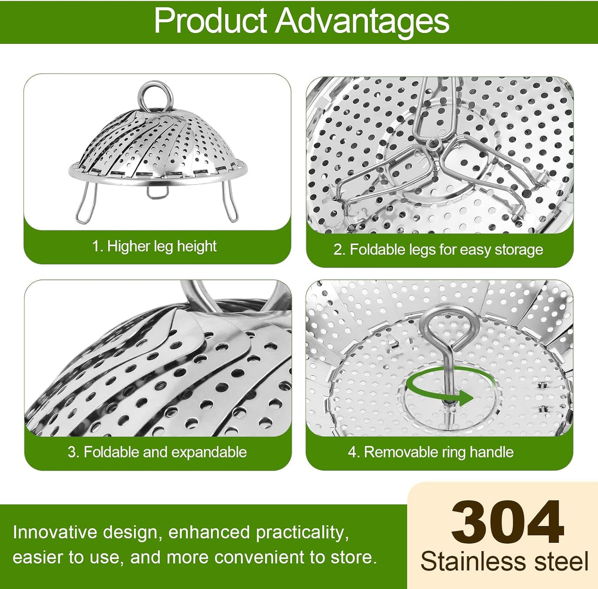 Vegetable Steamer Basket - 304 Stainless Steel Folding Steamer Basket for Cooking, Vegetables, Fish, Pasta, Eggs, Fit Various Size Pot (5.5 inches to 9 inches)