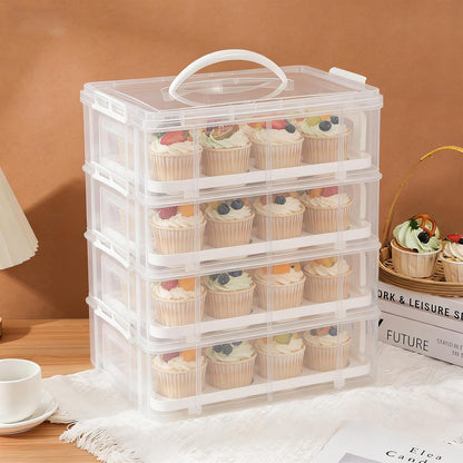 4 Tier Plastic Cupcake Carrier, 48 Count Cupcake Holder Cake Container with Lid and Handle, Reusable Rectangular Dessert Travel Container, Collapsible Cake Carrier for Party, Clear White