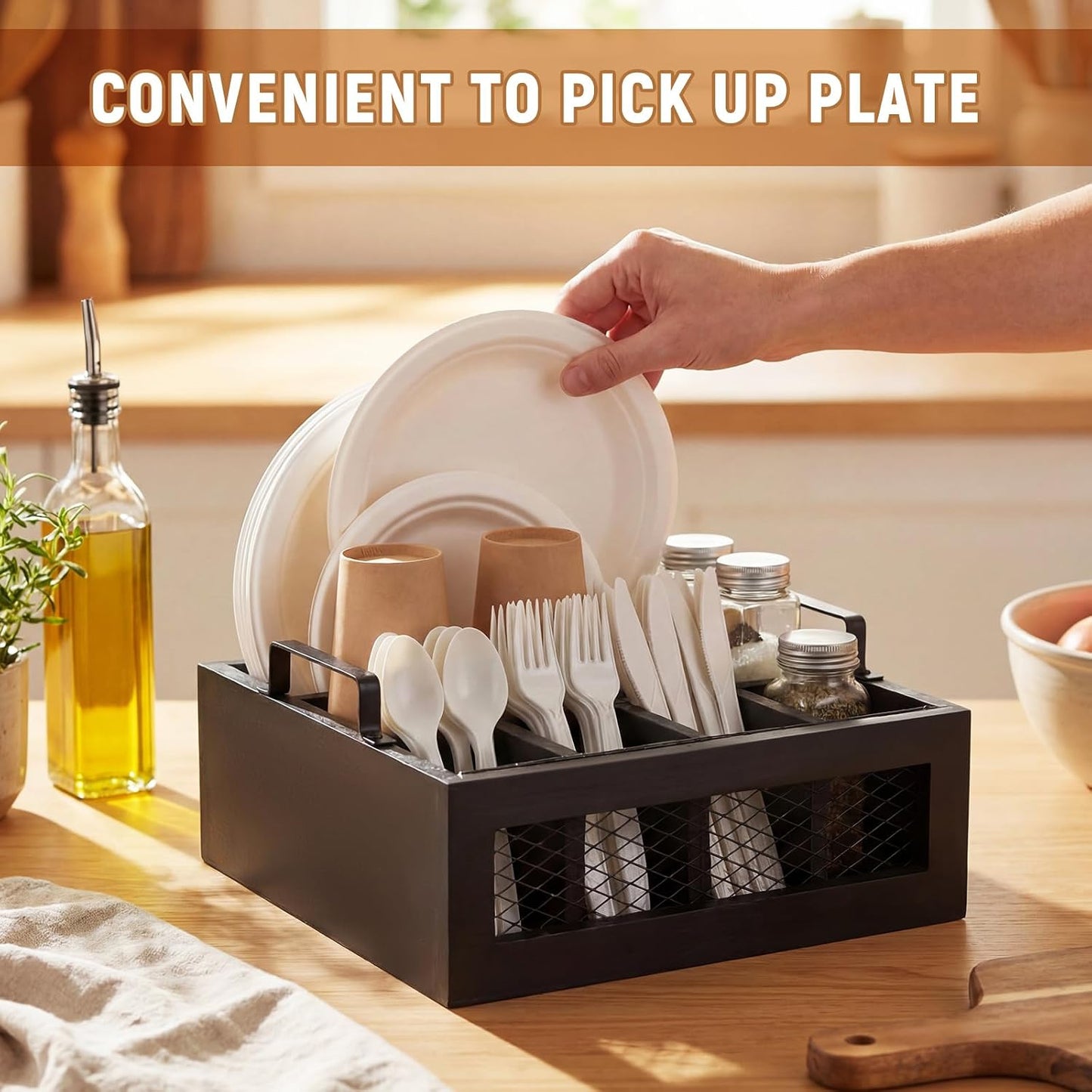 Mimorou Farmhouse Wooden Napkin Paper Plate and Utensil Holder Caddy Kitchen Utensil Holder Farmhouse Rustic Cutlery Flatware Organizer for Party Caddy Spoon Forks Napkins(Distressed White)