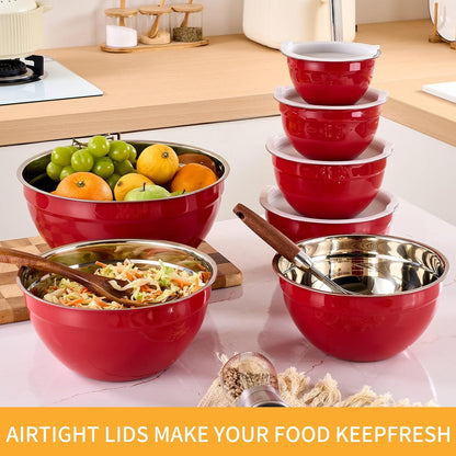 Pink Mixing Bowls with Airtight Lids, Stainless Steel Nesting Mixing Bowls Set of 7, Ideal for Baking, Prepping and Serving Food, Size 7, 3.6, 2.7, 2.1, 1.5, 1.1,0.8 QT, Stackable Design