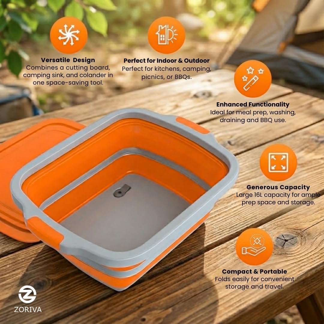BBQ Prep Tub with Lid and Meat Claws – 8L Collapsible, Multifunctional Washing and Storage Basin for Meat, Vegetables and Fruits, Ideal for Outdoor Grilling, Camping and Kitchen Use