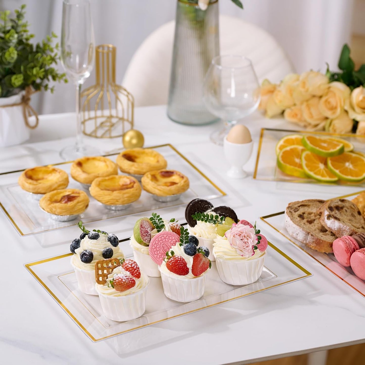 FOCUSLINE 8 PCS Plastic Serving Trays, White and Gold Rim Plastic Serving Platters, Disposable Tray for Food, Perfect for Wedding Parties