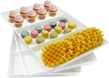 Divided Serving Tray Platter, 4 Pack 15" x 10" Fruit Veggie Food Tray for Party, Plastic Serving Trays for Appetizer, Snack, Dessert, Cookie, Brunch Decorations Platters, White Trays BPA-Free