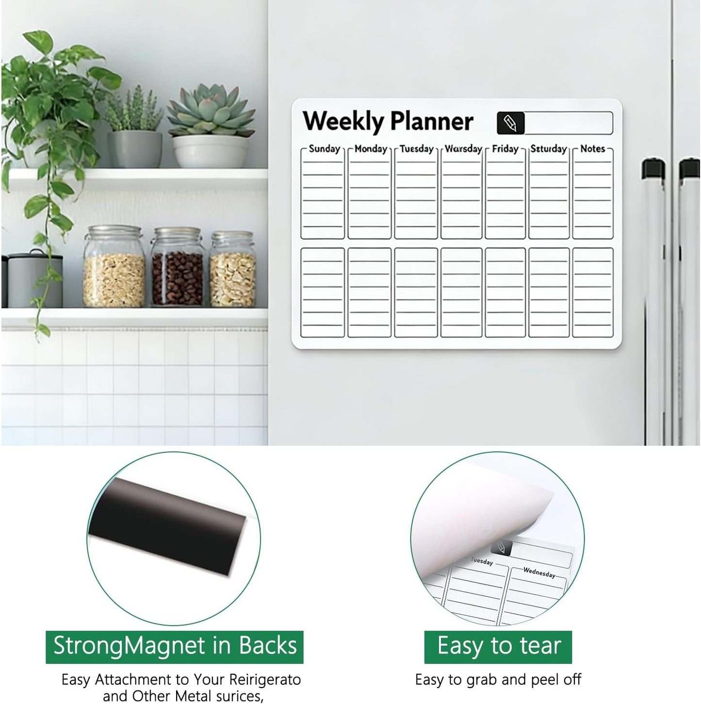 Magnetic Refrigerator Calendar Weekly & Monthly Planner, Erasable Whiteboard Sticker with Notes Section, Ideal for Organizing Meal Plans and Scheduling Tasks