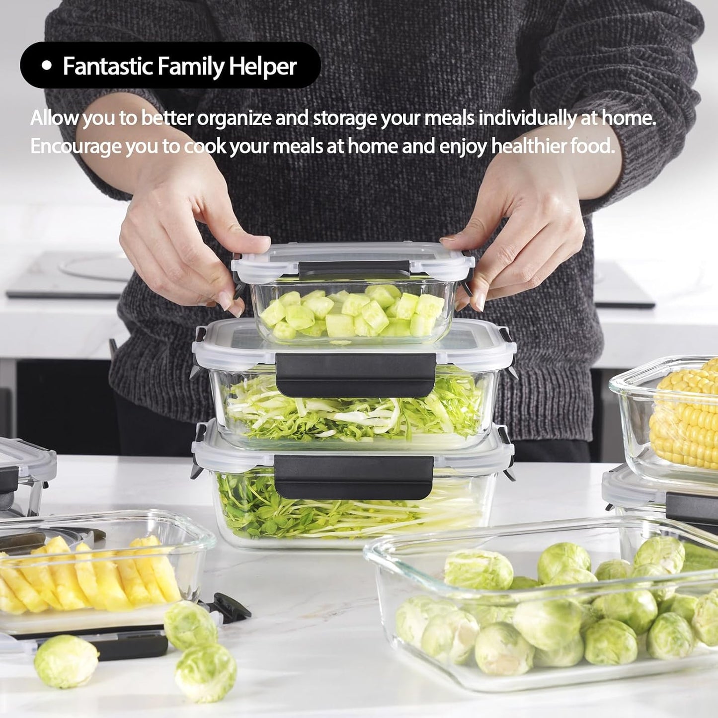 [10 pack Glass Meal Prep Containers with Lids, Glass Food Storage Containers with Snap Locking Lids for Food, Bpa-free, Easy to Open& Close/Microwave,Oven,Freezer,Dishwasher Safe/Leak-Proof