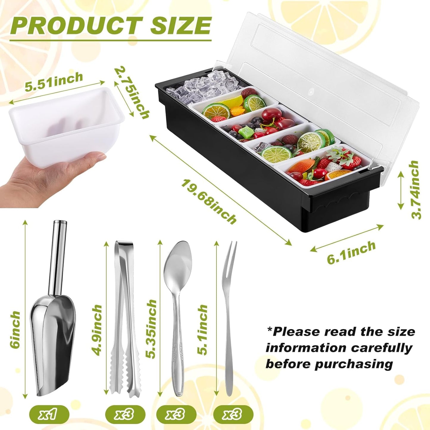 Tessco for you Garnish Tray with Lid Bar Caddy Ice Cooled Condiment Serving Container with Ice Scoop Metal Mini Serving Tongs Fruit Fork Spoons for Food Home Party Kitchen(Plastic,6 Grids)