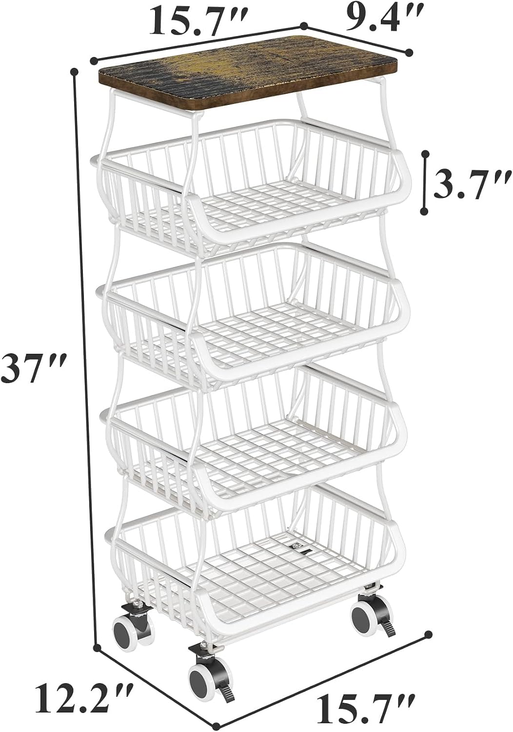 SAYZH Fruit Basket Kitchen Pantry Organizers and Storage - Wooden Top Table, Stackable Metal Wire Basket Stand Cart for Fruit Vegetable Snacks Onion Potato Organization (Black, 5 Tiers)