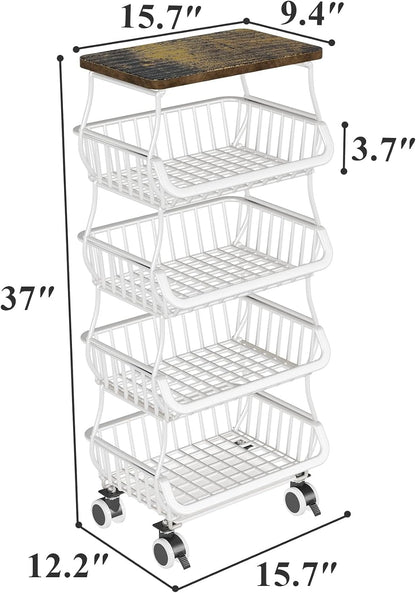 SAYZH Fruit Basket Kitchen Pantry Organizers and Storage - Wooden Top Table, Stackable Metal Wire Basket Stand Cart for Fruit Vegetable Snacks Onion Potato Organization (Black, 5 Tiers)