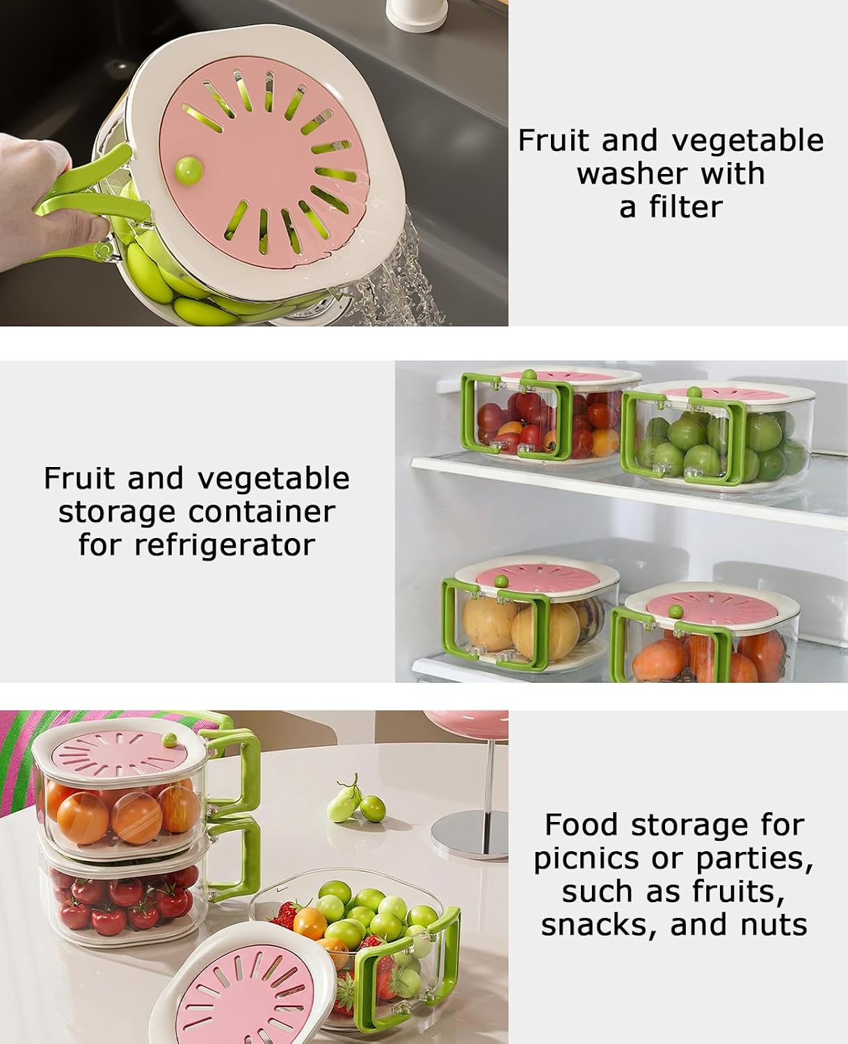 3 PCS Fruit Washing Bowl with Strainer, Multifunctional Berry Washing Basket, Fruit Vegetable Washer Spinne Container with Lid for Kitchen Fridge Picnic & Camping