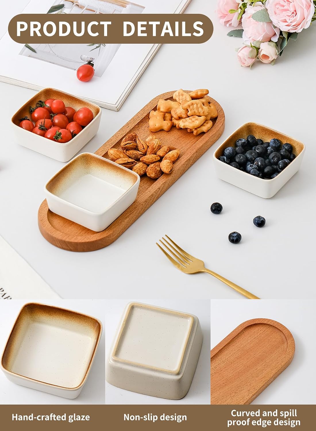 Chip and Dip Serving Set, Ceramic Dipping Sauce Bowls with Wooden Tray, 3.5 inch Side Dishes Set of 3 for Entertaining, Party, Buffets, Appetizers, Snacks and Sushi, Blue