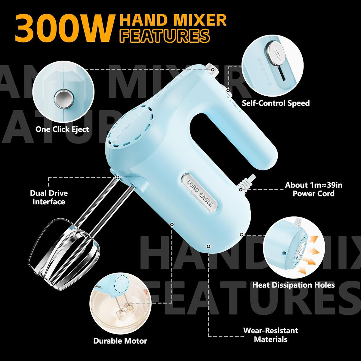 5-Speed Small Hand Mixer Electric, 300W Compact Portable, Black
