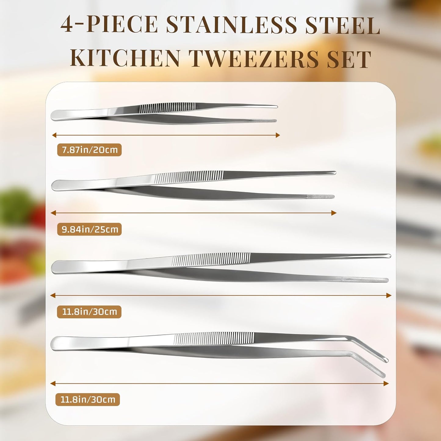Stainless Steel Tweezers Tongs Set of 2, Kitchen Cooking Utensils, Straight and Bent Tip 11.8″ for Serving, Chef Tools