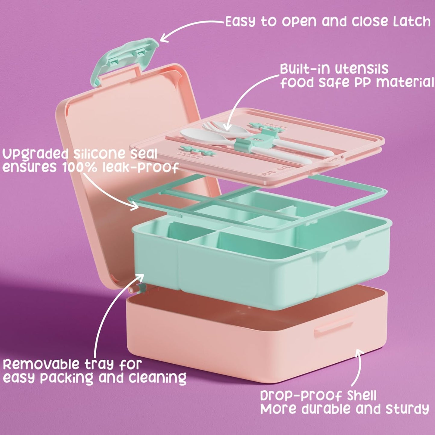 Fimibuke Bento Lunch Box for Kids, Leak Proof Toddler Bento Box with 4 Compartments BPA Free Dishwasher Safe Lunch Container with Utensils, Ideal Portion Sizes for Ages 3-12 Girls Boys for School