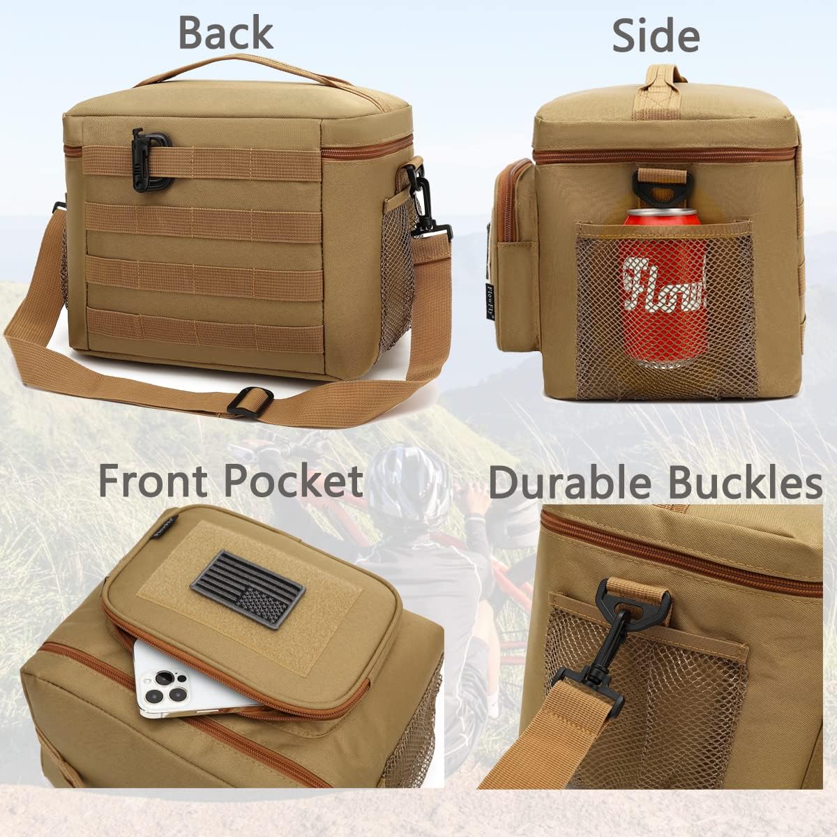 FlowFly Lunch Bag, Insulated Cooler, Thermal Lunch Box Tote with MOLLE/PALS Webbing, Adjustable Padded Shoulder Strap, for Tactical Men Women Adults and Boys Girls Kids (Cyan, Medium)