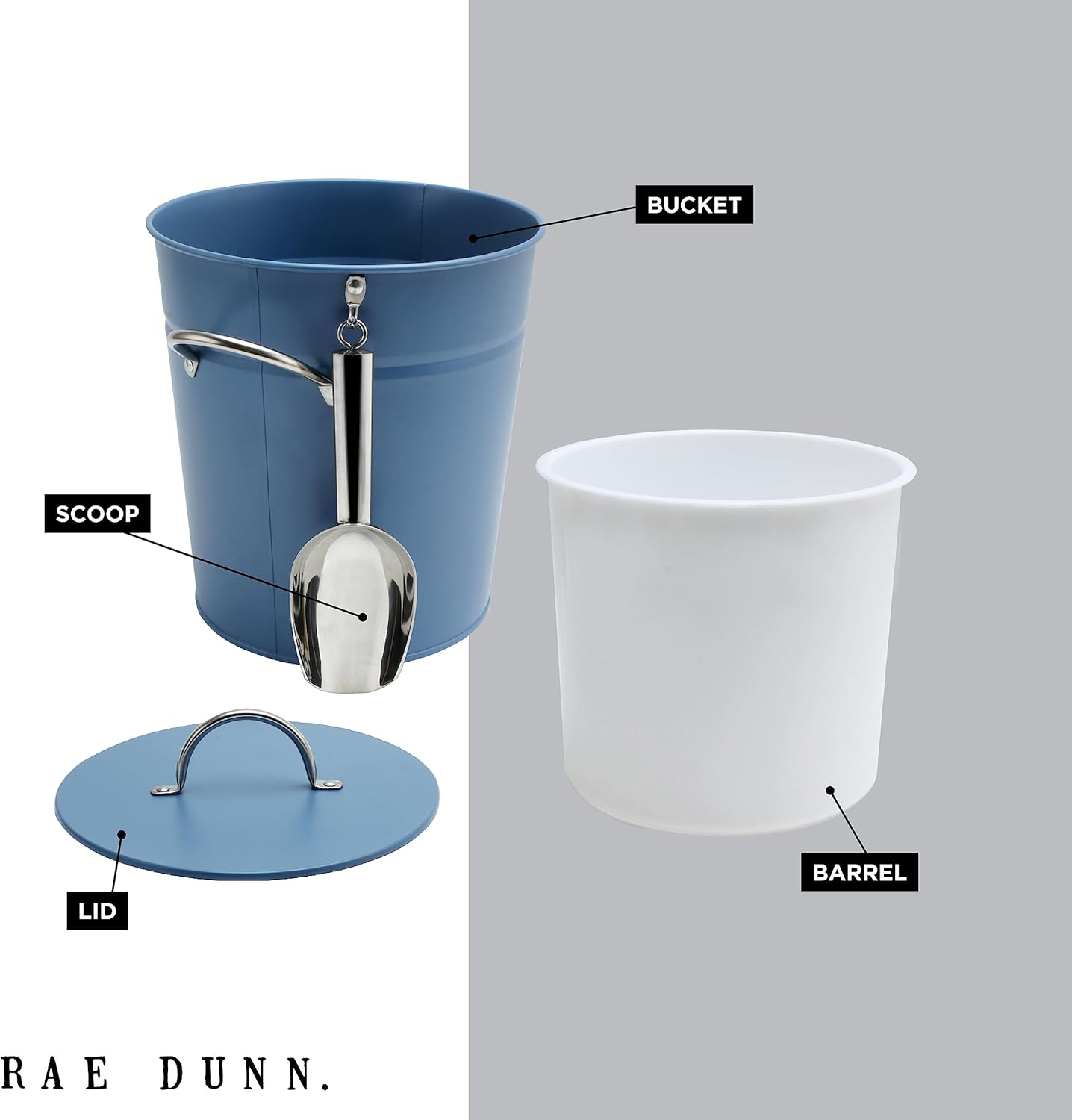 Rae Dunn Ice Bucket with Scoop - Stainless Steel Bucket with Handle, Lid and Ice Scooper - 4 Qt. Storage Bin for Ice Cubes for Bars, Parties, Backyard Barbeques, Picnics, and Camping (Black)