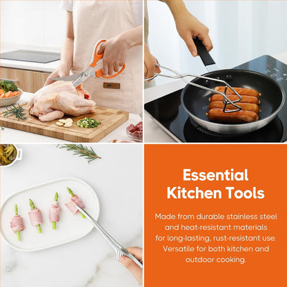 COELO Korean BBQ Kitchen Shears and Tongs Set | Multi-Purpose Kitchen Scissors, Tweezers, Scissor-Tongs for Cooking Chicken Meat Salad Barbecue Herb | Stainless Steel Comfort Handle Dishwasher Safe