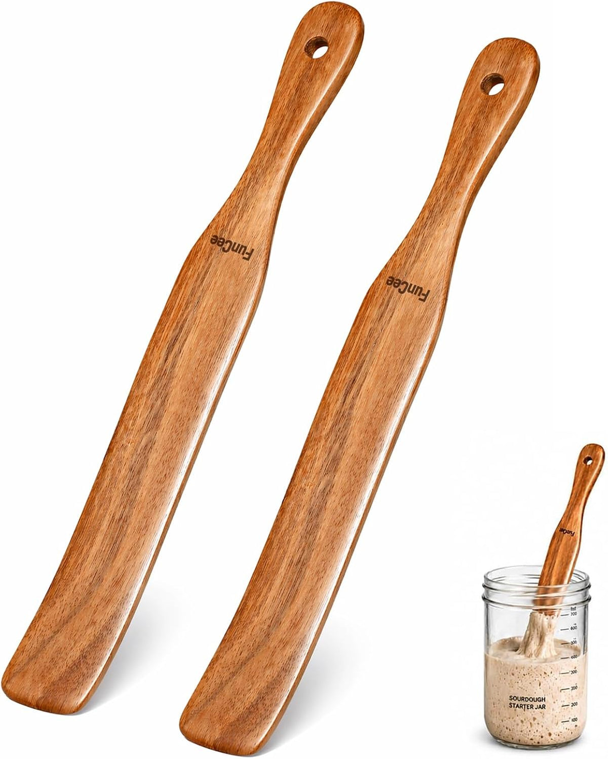 2 Pack Teak Wood Spatula, 12 Inch Wooden Spoons for Cooking, Sourdough Starter, Flat Steak Turner, Dough Whisk Spurtle Baking Utensil, Heat Resistant Spatulas for Cast Iron Flipping, stirring, Turning