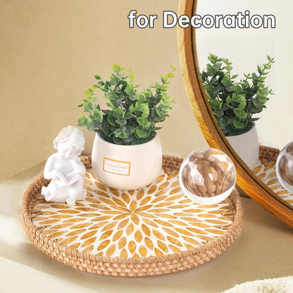 Round Rattan Tray with Mother of Pearl Inlay, Rattan Serving Tray for Coffee, Bread, Fruits, Decorative Wicker Tray for Table Decor, Home Decor, Kitchen Island Decor(Black Checkerboard, 11.8")