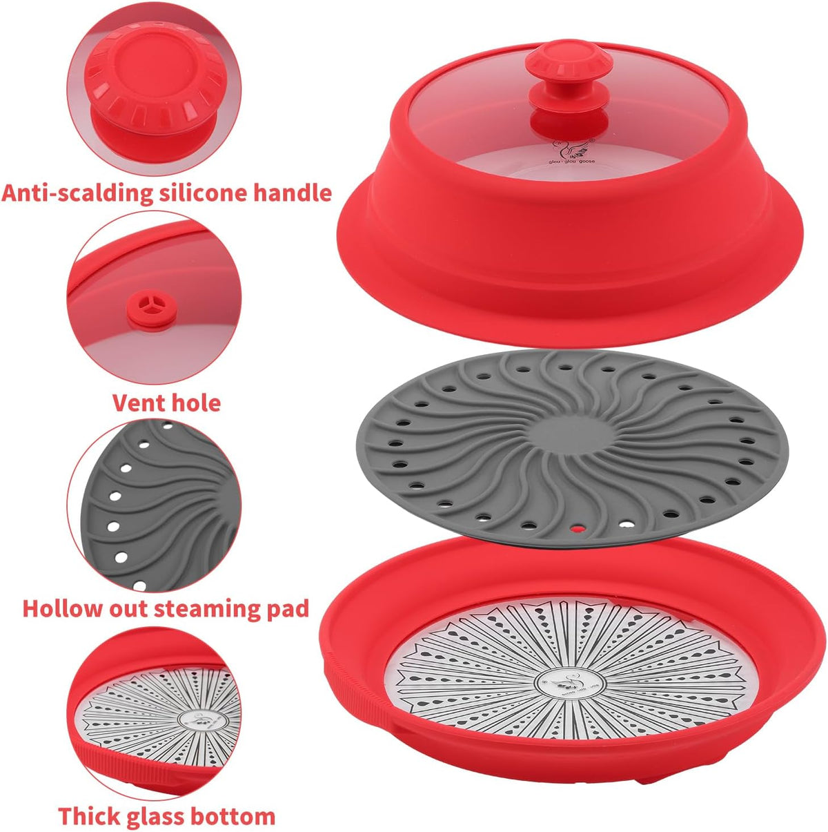 Collapsible Microwave Splatter Lid with Vented Tempered Glass Cover Wok Lid for Microwave Safe, Stockpot Steamer Pot Pan Round Bowl 6" 7" 8" 9" 10" 11" 12" Universal Multifunction Silicone Cover