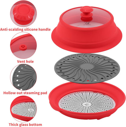 Collapsible Microwave Splatter Lid with Vented Tempered Glass Cover Wok Lid for Microwave Safe, Stockpot Steamer Pot Pan Round Bowl 6" 7" 8" 9" 10" 11" 12" Universal Multifunction Silicone Cover