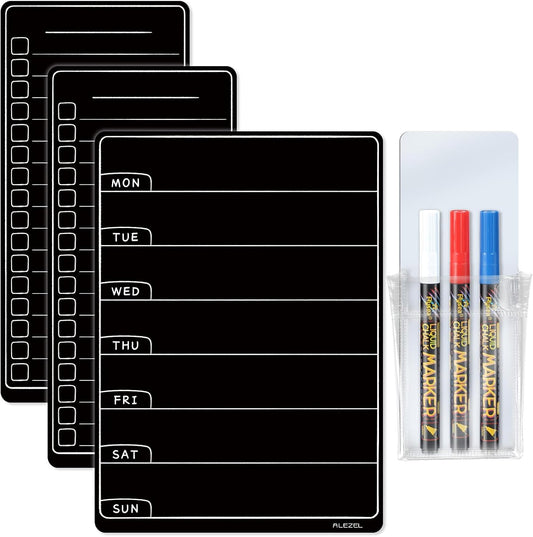 ALEZEL Magnetic Menu Board for Fridge, Weekly Calendar Blackboard Set for Refrigerator - Includes Weekly Black Dry Erase Board for Kitchen & 2 Grocery List, 3 Chalk Markers + Eraser
