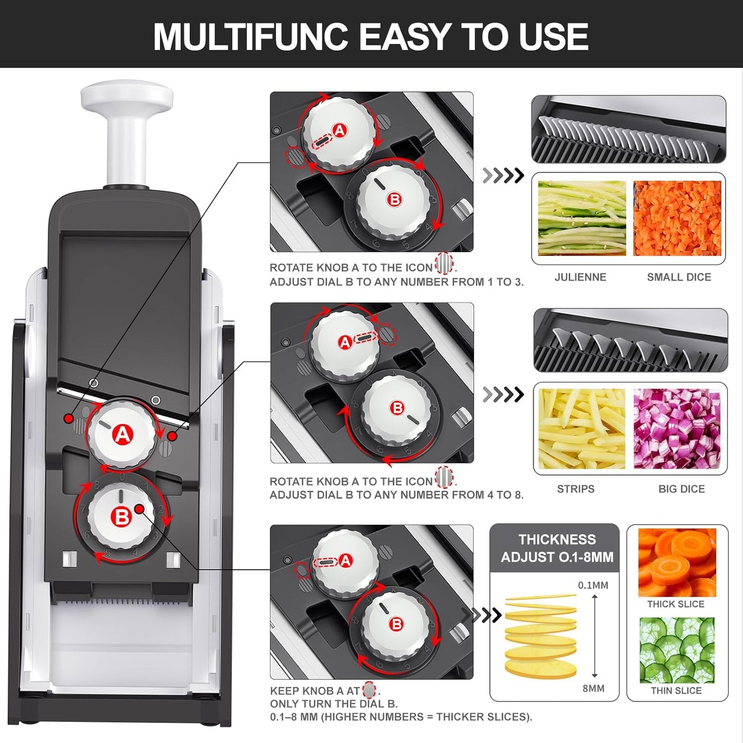 8 in 1 Mandoline Slicer for Kitchen, Vegetable Chopper, Potato Slicer, Fry Cutter Onion Chopper with Drain Basket Food Container with Lid, Stainless Steel Cheese Grater for Quick Meal Pre (Black)