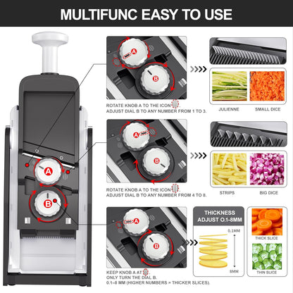 8 in 1 Mandoline Slicer for Kitchen, Vegetable Chopper, Potato Slicer, Fry Cutter Onion Chopper with Drain Basket Food Container with Lid, Stainless Steel Cheese Grater for Quick Meal Pre (Black)