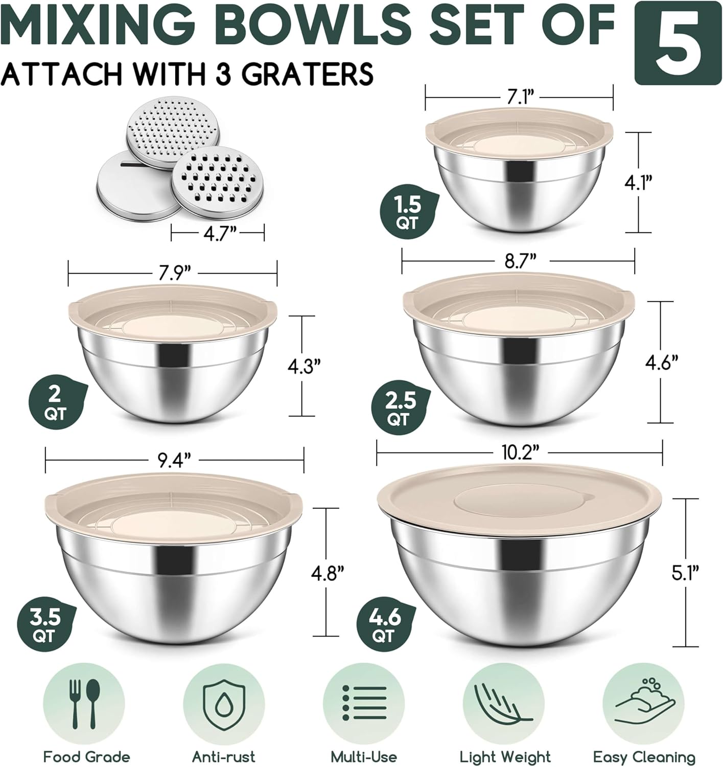 Herogo 5-Piece Mixing Bowls with Airtight Lids, 3 Grater Attachments, Stainless Steel Salad Serving Bowls for Kitchen, Size 4.6, 3.5, 2.5, 2, 1.5QT Ideal for Prepping & Cooking, Black