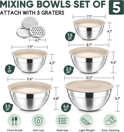 Herogo 5-Piece Mixing Bowls with Airtight Lids, 3 Grater Attachments, Stainless Steel Salad Serving Bowls for Kitchen, Size 4.6, 3.5, 2.5, 2, 1.5QT Ideal for Prepping & Cooking, Black