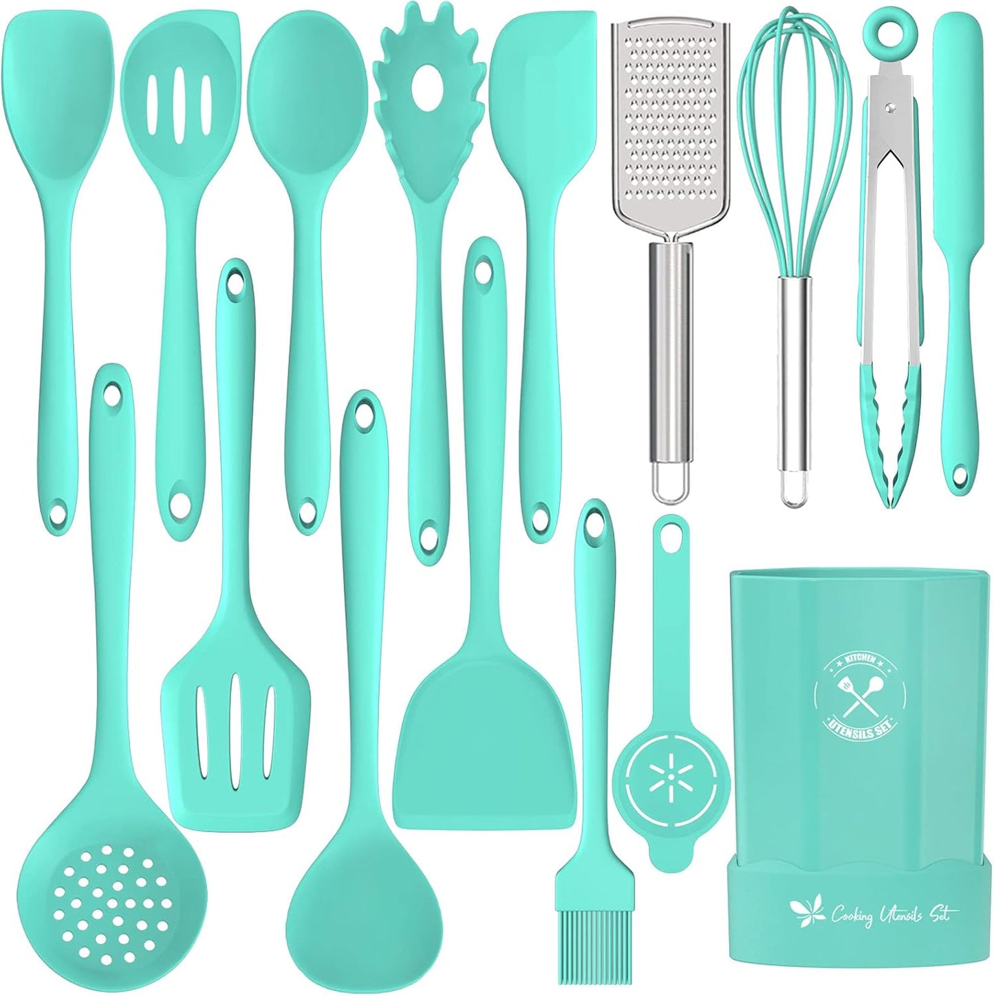 Silicone Kitchen Utensils Set, 16-Piece Silicone Cooking Utensils by Deedro, Heat Resistant Kitchen Tools Set with Holder, Nonstick Spatula Kitchen Gadgets for Cooking & Baking, Colorful