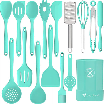 Silicone Kitchen Utensils Set, 16-Piece Silicone Cooking Utensils by Deedro, Heat Resistant Kitchen Tools Set with Holder, Nonstick Spatula Kitchen Gadgets for Cooking & Baking, Colorful