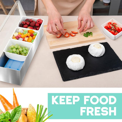 Mifoci 1 Pack Stainless Steel Chilled Condiment Server 6 Removable Slot Toppings Containers with Lid and Bottom Ice Bar Garnish Tray with 9 Silverwares 4 Ice Boxes for Christmas Party, Events and Bar