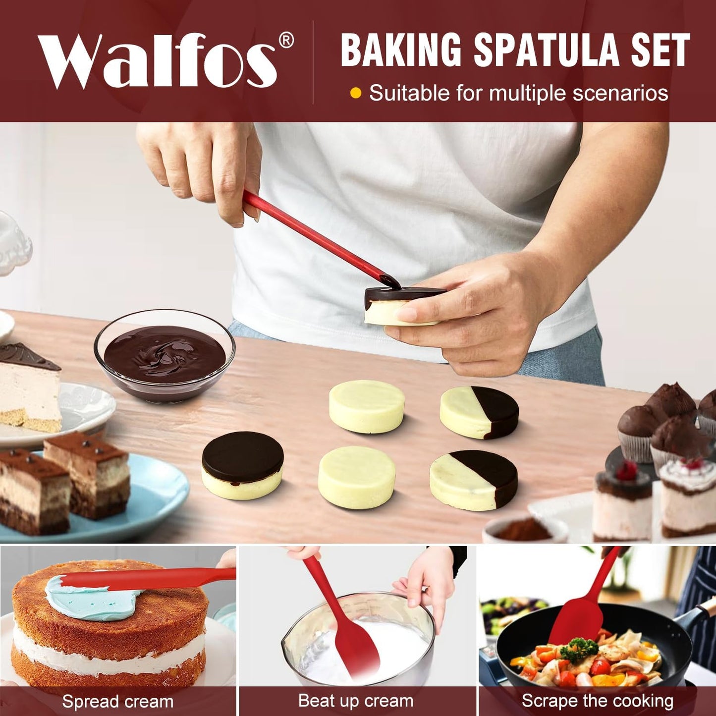Walfos 600°F High Heat Resistant Silicone Spatula Set of 5- Food Grade Rubber Spatula Set for Baking Cooking & Mixing - BPA Free, Non Stick and Dishwasher Safe,black