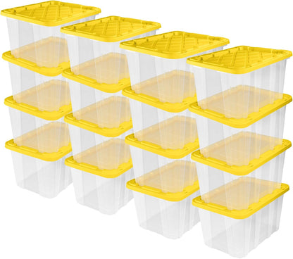 Sterilite 4-Pack 27 Gallon Industrial Storage Tote, Heavy-Duty Plastic Bins, Black/Yellow - Stackable Utility Organizers with Lids for Garage, Camping Tools, and Outdoor Gear