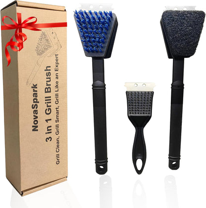 Nylon Grill Brush Cleaning Kit, No Wire Bristle BBQ Brush with Scraper, Safe Barbecue Cleaning Kit for Gas Charcoal Grill Grates, Heat Resistant Outdoor Grill Cleaner, Gift for Men Dad 2-Piece Set