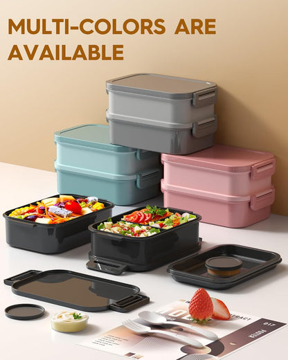 KEMETHY Adults Bento Lunch Box Set with Thermo Bag, 74oz Stackable Leak-proof 3-tiers Bento Box, Built-in Utensil and Sauce Container for Work, School, Dining Out (Gray)