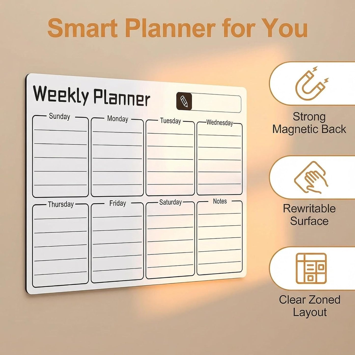 Magnetic Dry Erase Board for Fridge,16.7"x12" Reusable Whiteboard with Monthly, Weekly & Daily Planner Refrigerator Whiteboard for Home & Office Organization