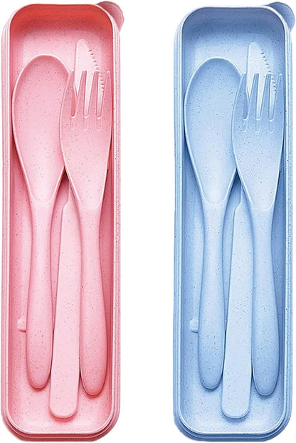 Reusable Travel Utensils Set with Case, 4 Sets Wheat Straw Portable Plastic Fork Spoons Knife Cutlery, Camping Eco-Friendly BPA Free Tableware for Kids Adults Work Picnic or Daily Use (Colorful)