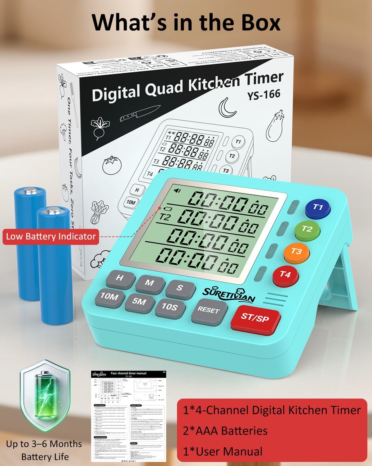 Digital Kitchen Timer with 4 Channel, Loud Alarm and Silent Mode