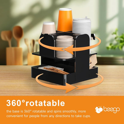 Beego Rotatable 4-Compartment Acrylic Cup Dispenser - Coffee Station Cup and Lid Carousel Countertop Plastic Cup Holder for Restaurant Breakroom Coffee Bar